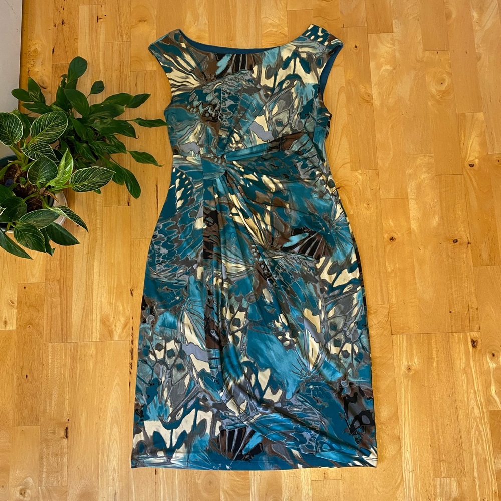 Connected Apparel Cap Sleeve Mock Wrap Dress Teal
